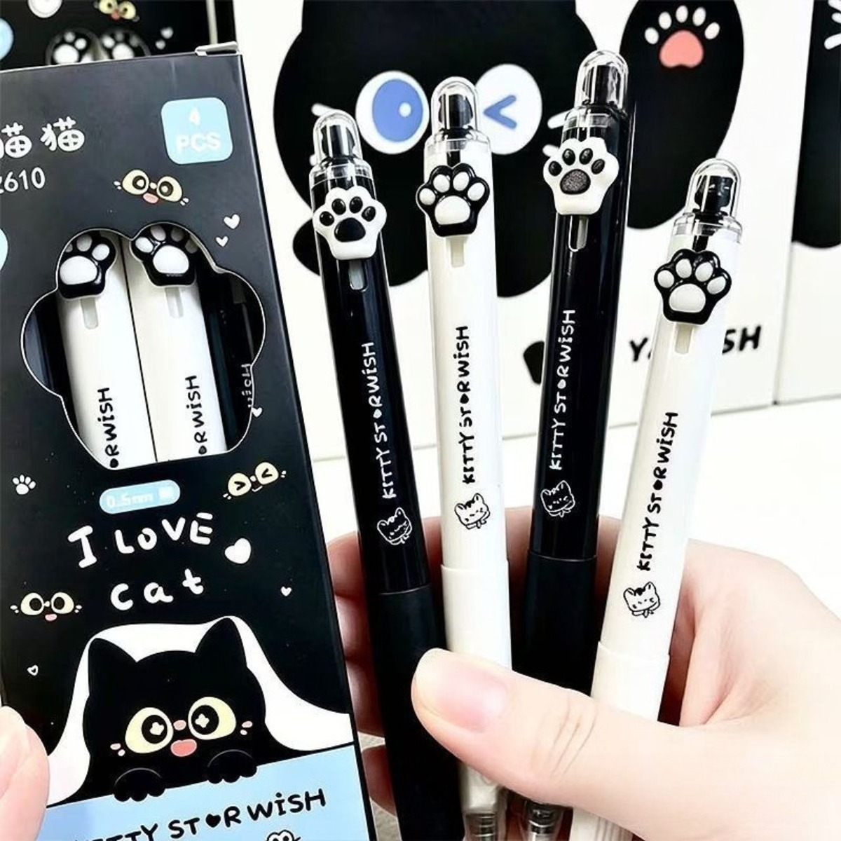 TEMU Gel Pens, Quick Dry 4pcs 0.5mm Black Ink Pens Fine Point Smooth Writing Pens, Cute Office School Supplies Gifts For Women Cute Cat