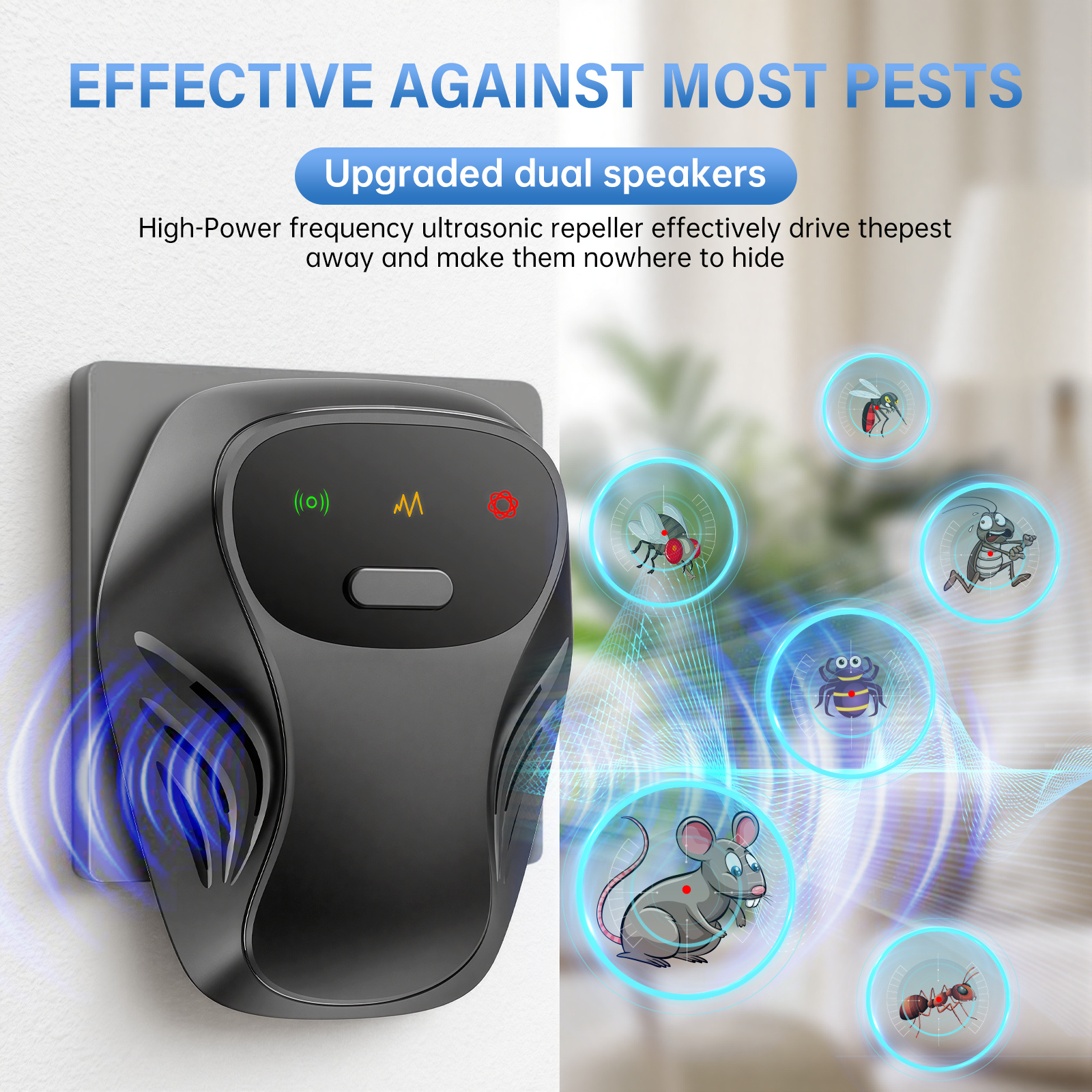 Ultrasonic Pest Repeller with Dual Speakers USB Powered for Indoor Rodent and Insect Control Safe for Humans and Pets