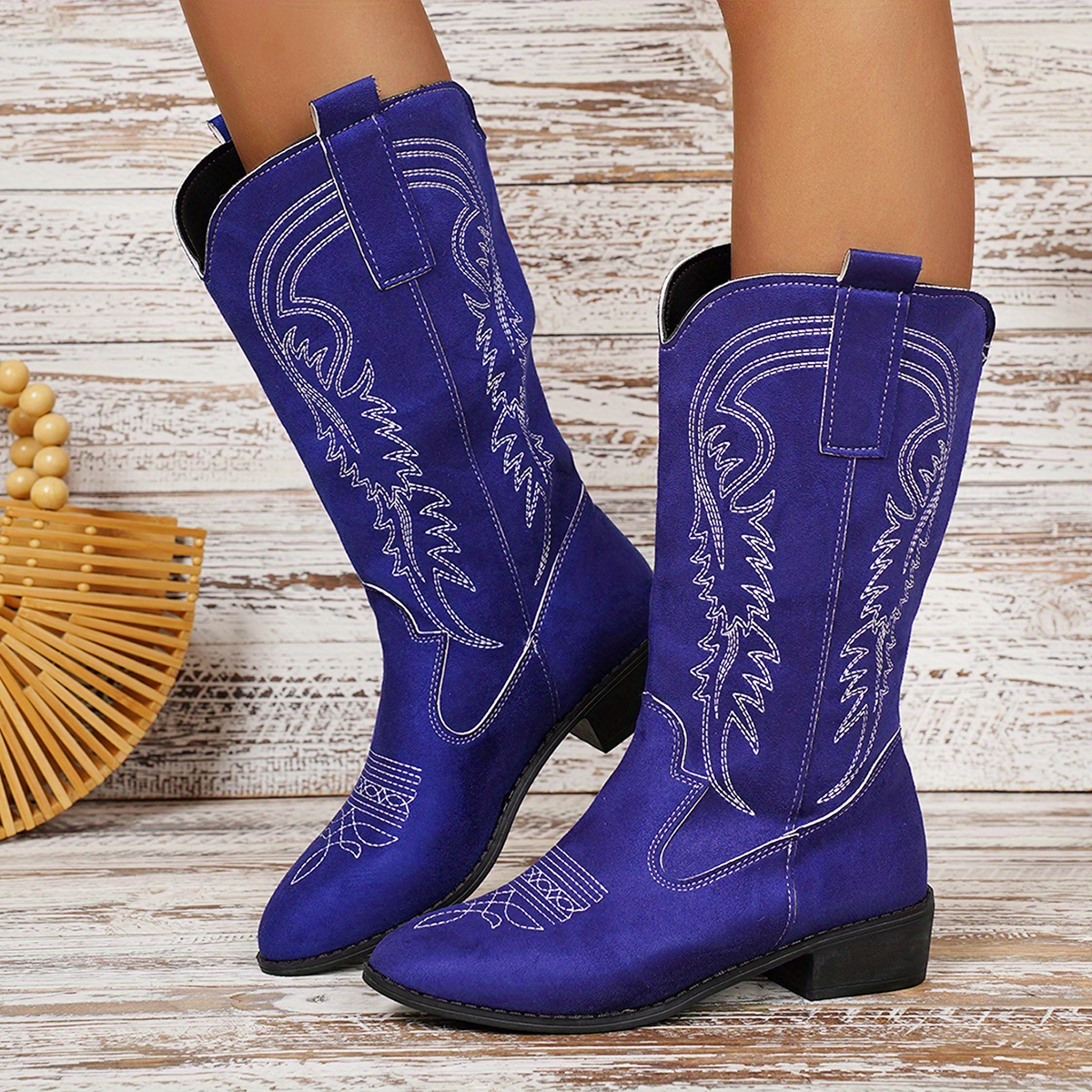 Women'S Slip-On *-Calf Cowboy Boots Royal Blue Cover with Floral  Embroidery, Chunky Heel Round Toe for Casual Formal