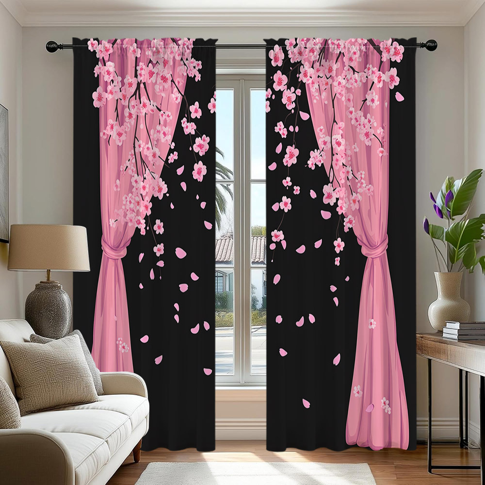 TEMU 2d Flat - 2pcs, Pink Cherry Branch 2d Flat Curtains- Semi-transparent, Easy To Hang, Suitable For Bedroom, Office, Kitchen, Living Room, Study,