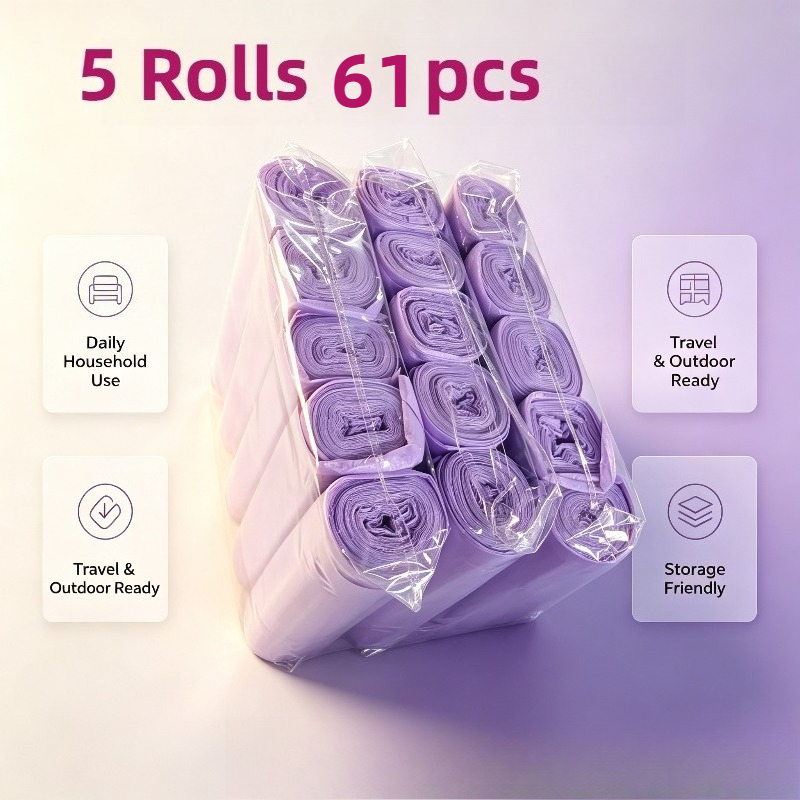 TEMU 5 Rolls 61pcs Purple Leak-proof Flat Mouth Garbage Bags, Suitable For Home, Kitchen, Office And Outdoor Cleaning! Garbage Bags, Office, School,