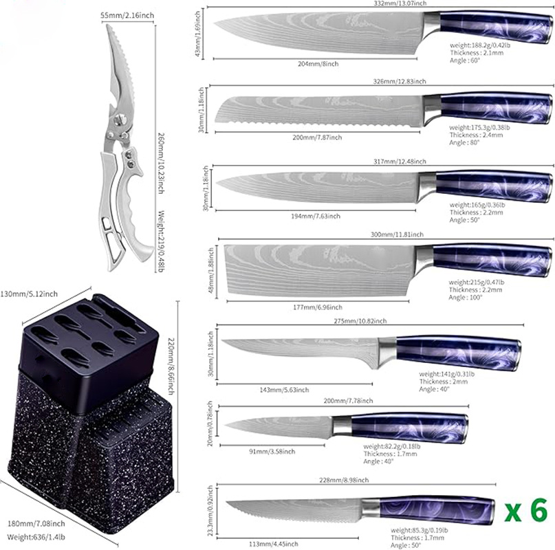 Perfect Gift| Professional 14pcs Chef's Knife Set with a Knife Block| Stainless Steel 15° Sharp Blade for Effortless Cutting; Ergonomic Non-slip Handle for Precise and Effortless Control