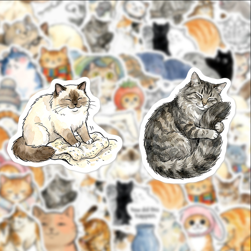 TEMU 50 Stickers, Watercolor Cute Cat Pattern Decorative Vinyl Stickers, Suitable For Water Bottles, Party Decorations, Notebooks, Laptops