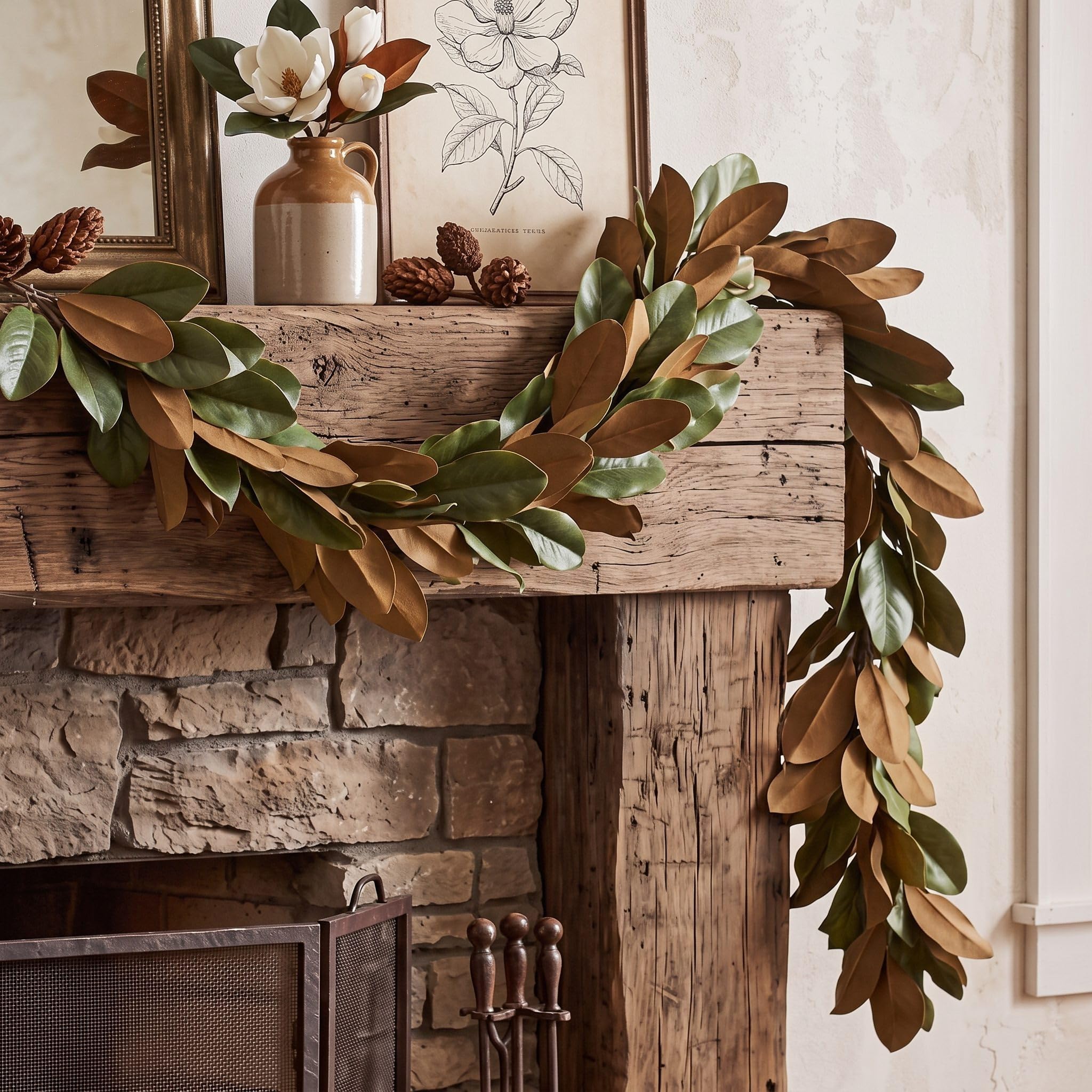 TEMU 1 Pack Artificial Magnolia Leaf Garland, Realistic & Faux Greenery Vine With Sturdy Flexible Stem, Hanging Plant For Fireplace Mantel, Dining