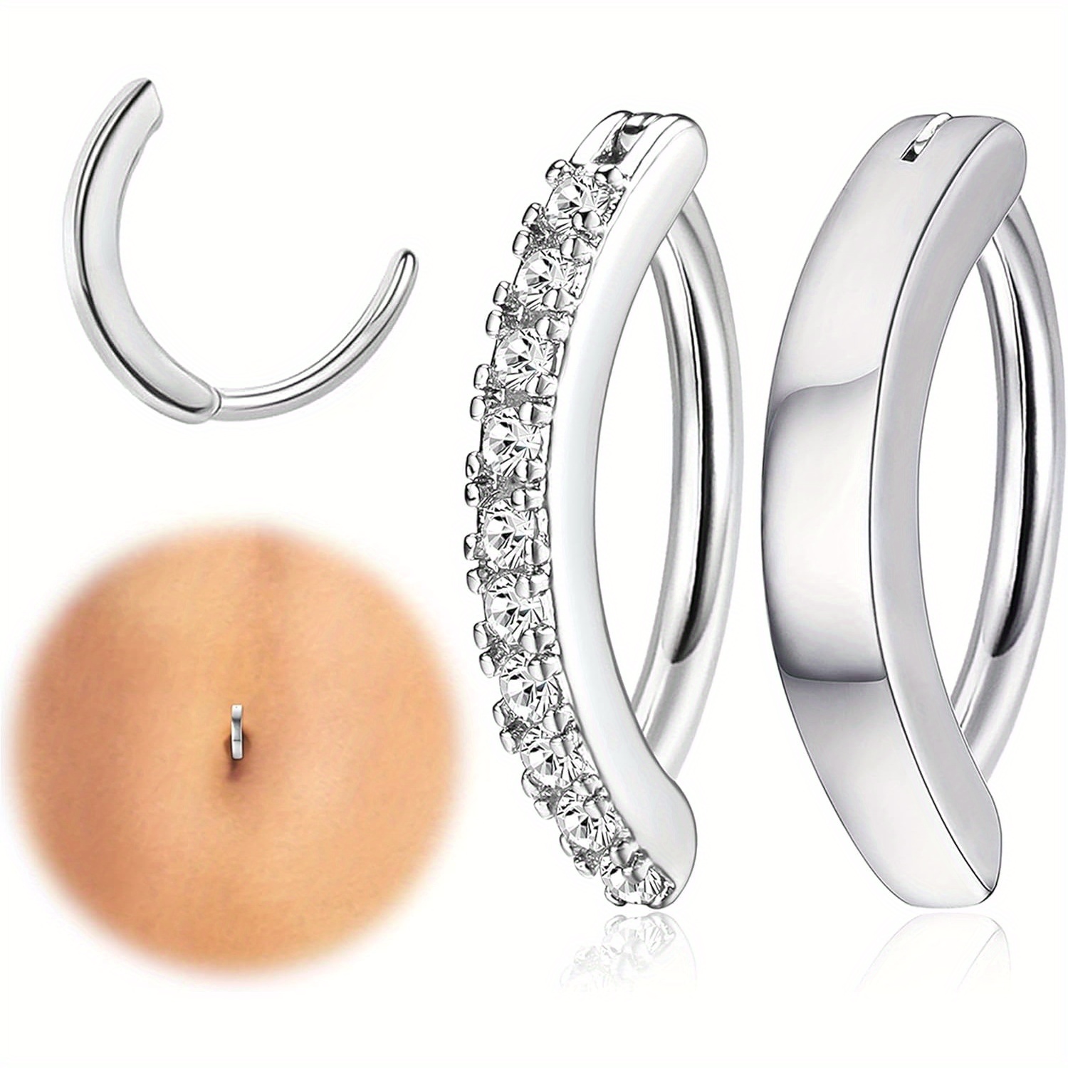 Image of 2pcs Surgical Steel Belly Button Ring For Women - 14g Cz Clicker Navel Piercing Jewelry, Reverse Belly Button Ring For Mardi Gras, Spring Break & Casual Attire, Bohemian Body Jewelry (no Plating)