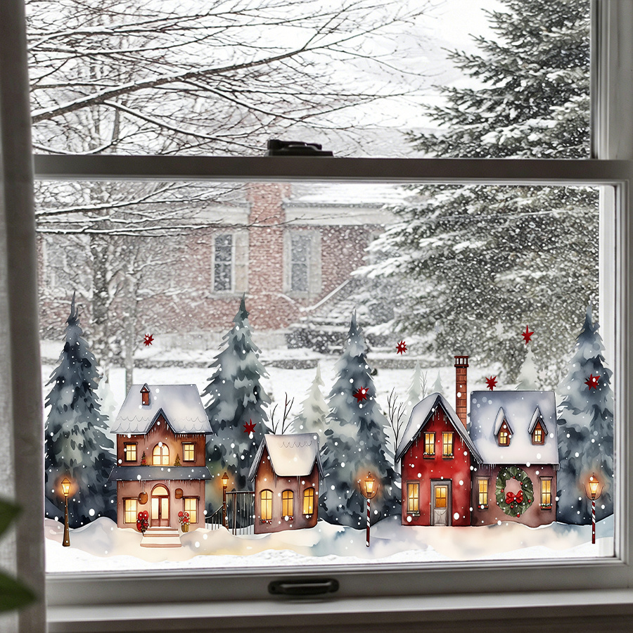 TEMU Autocollants de fenêtre village d'hiver aquarelle confortables, de décoration de Noël en verre avec maison enneigée, arbre de pin et lampadaire,