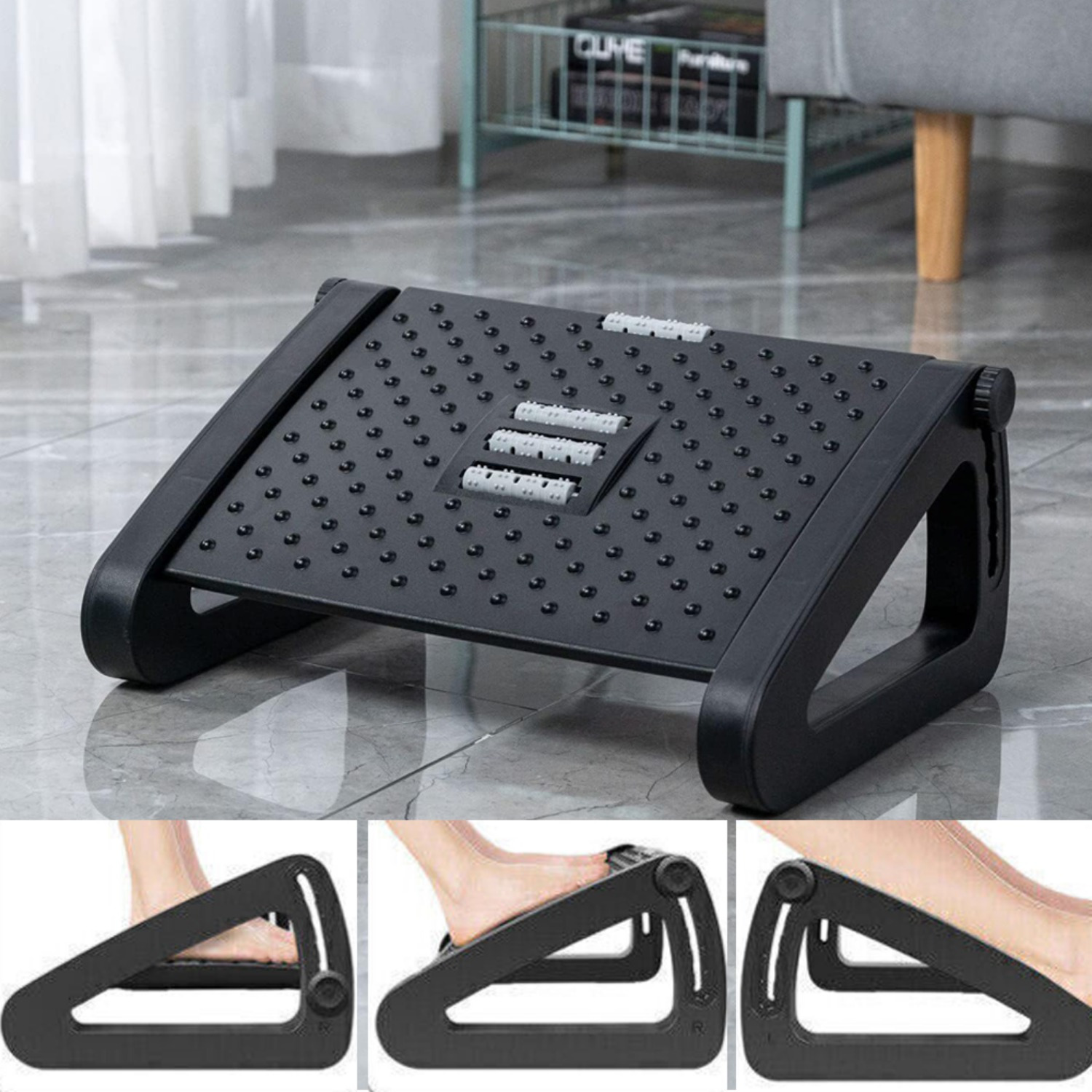Image of Desk Footrest Adjustable Angle 10°- 45° With Textured Surface Massage Rollers, Adjustable Under Desk Footrest, Foot Rest For Under Desk With Massage, Foot Stool Under Desk