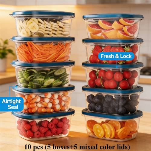 10pcs 5 boxes and 5 lids reusable food storage containers stackable refrigerator organizer for cutting vegetables fruits noodles eggs and grade transparent food storage containers with leak proof lids for kitchen countertop food prep