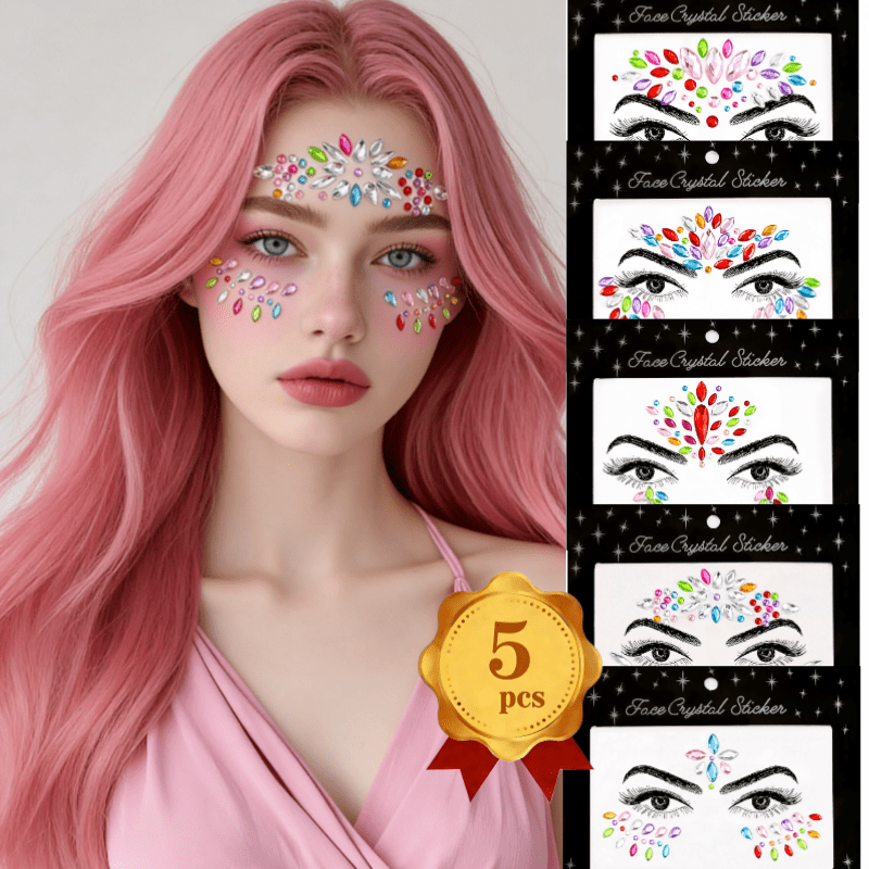 TEMU Lot de 5 Feuilles de Strass 3D Autocollants pour Visage - Idéal pour Mariage, Rave & Maquillage de Fête - Décalcomanies Temporaires Multicolores