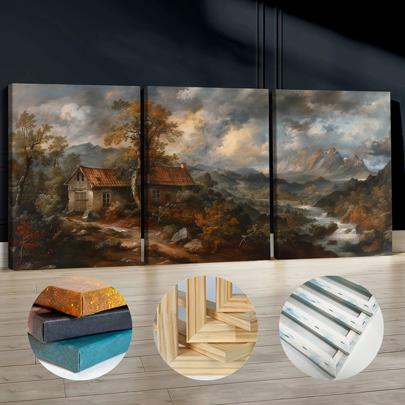 3er-set 2d flach holzgerahmte leinwandposter - moderne   rustikale   wandkunst für wohnzimmer, schlafzimmer, büro - rahmen & leinwand naturlandschaft gemälde, innen- außendekoration geschenkidee, 2d flach