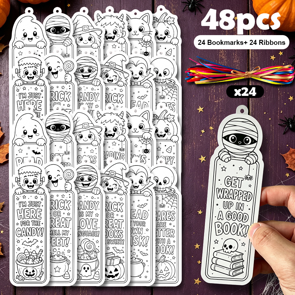 TEMU 48/96pcs Monster , Witches, Vampires, Pumpkin Bookmarks With Tassels Set, 1.9x5.9 Inches - 12pcs Different Designs Halloween Theme Patterns And