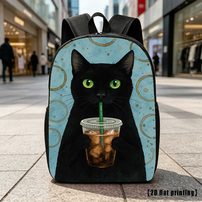item picture black cat iced coffee casual backpack travel laptop backpack 2d flat printing rucksack with   capacity suitable for   use and commuting