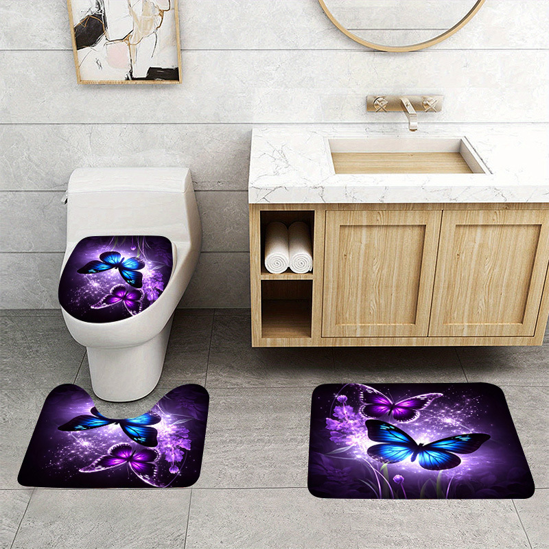 TEMU Set Of 3 Flannel Toilet Mats Featuring A Purple And Blue Design. Are Non-slip, Absorbent, Washable, And Serve As Decorative Rugs For Your