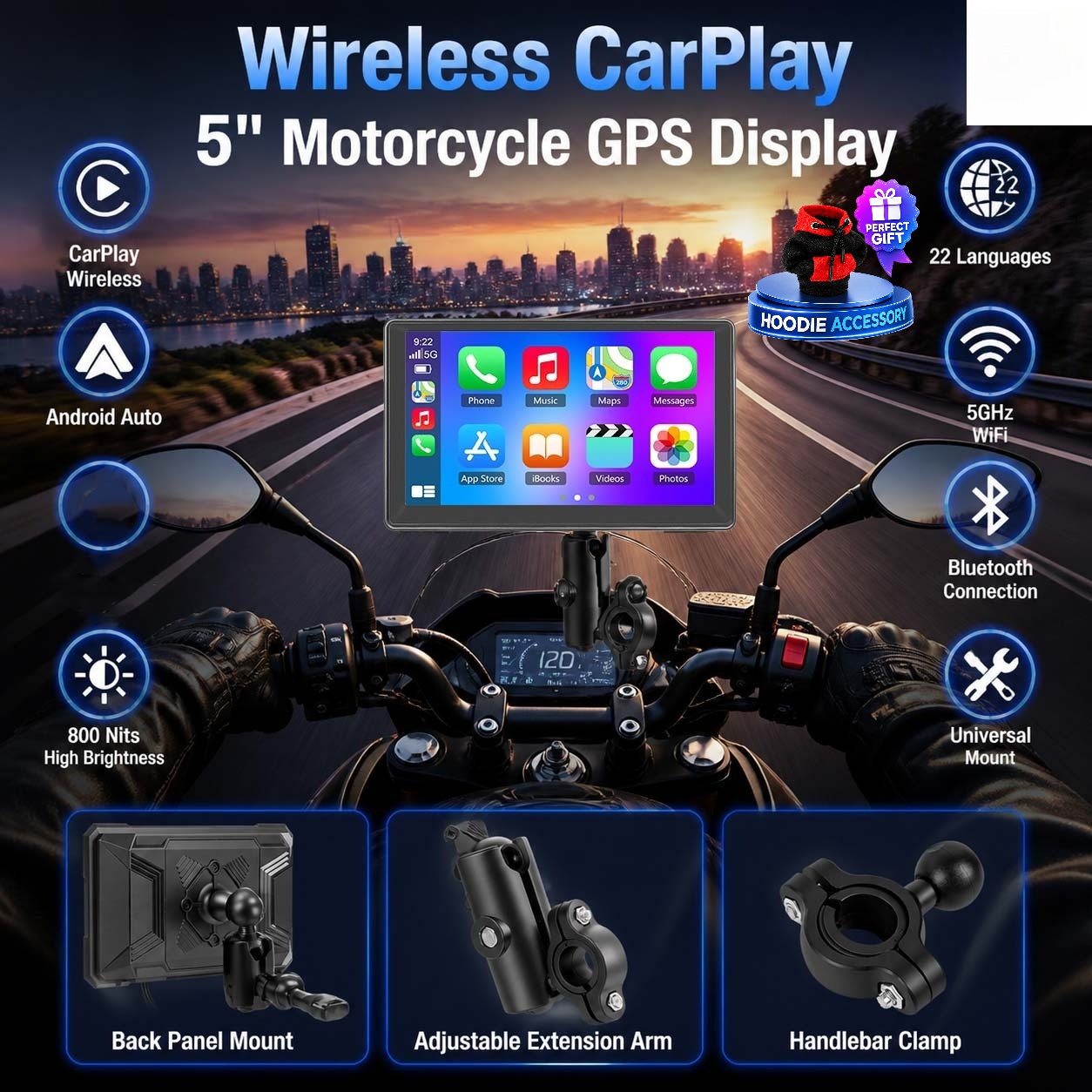 Image of 5 Inch Auto Motorcycle Display, 854x480 Hd Screen, 800 Nits Brightness, 5ghz Wifi, Mount, 12v For Motorcycle Riding
