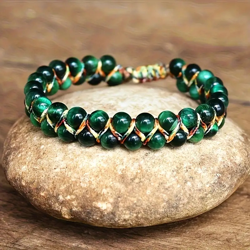 E-shop 1 Stück Bohemian Verstellbares Armband – Natürliche Katzenauge/Tigerauge Perlen, Marineblau & Goldene , Verstellbarer Knotenverschluss, Alltags-