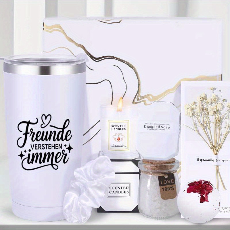 Poklon set od 8 komada: Izolirani čaša, pozdravna kartica, gumica za kosu, mirisna svijeća, kupaonski soli, kupaonski bombi, sapun, poklon kutija – Savršeno za sezonske proslave