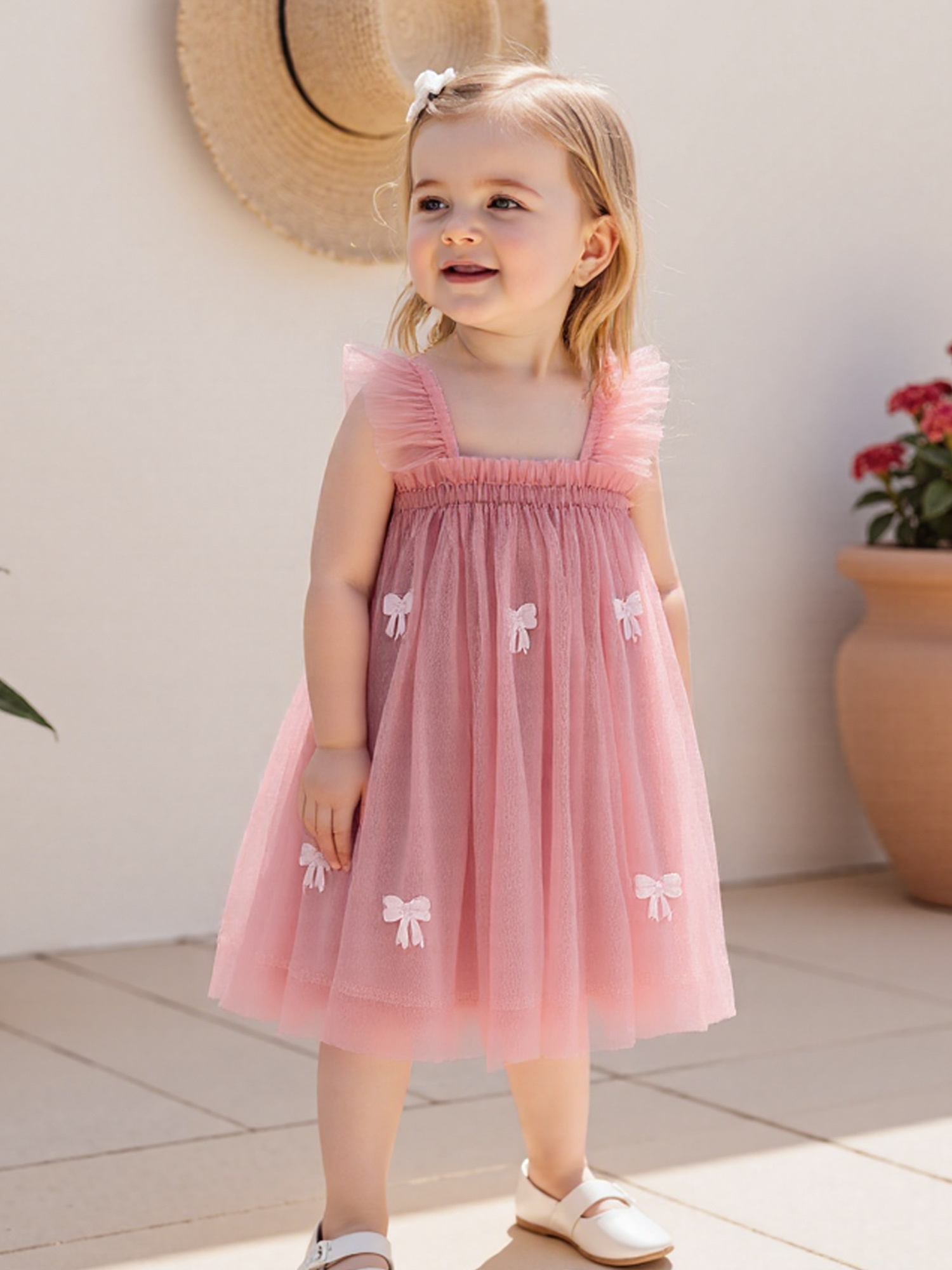 strapless open back dress Flamingo Pink Lace Tulle FairyTale Flowers Kids Special Occasion Dress main image 0