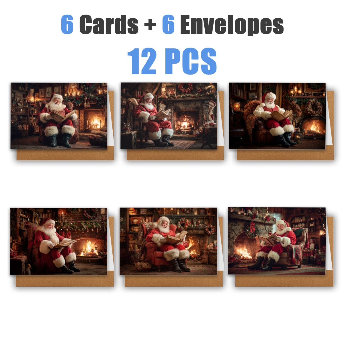 TEMU Lot de 1/ 12/ 24 cartes de vœux de Noël avec Père Noël assis près du feu de lire | Inclut des enveloppes, des cartes de vœux | Parfait pour les