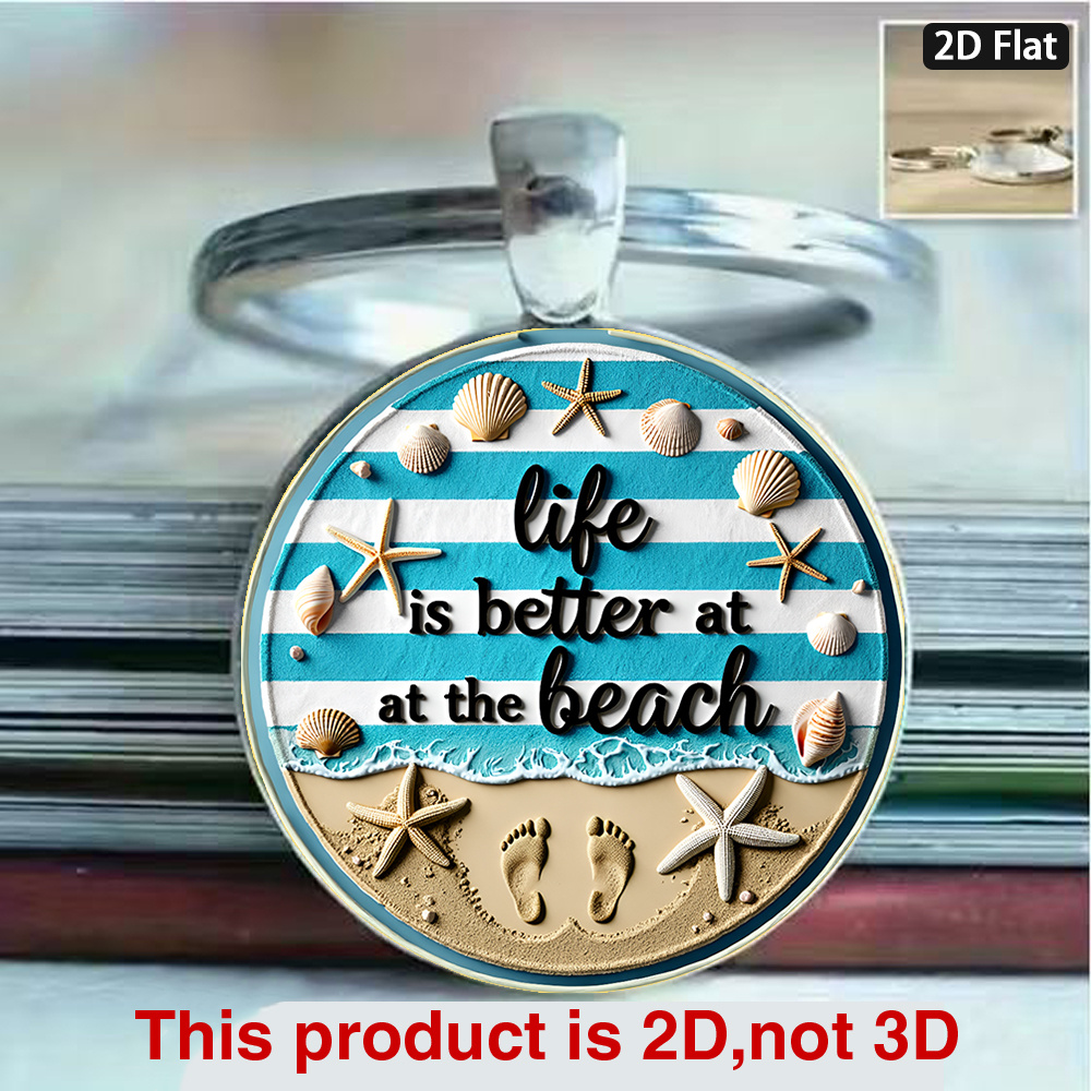 TEMU 2d Flat, 1pc 2d Flat, Seaside Style " Better " Themed Keychain, Blue And White Striped Seashell And Starfish Pattern, Vintage Beach Style,