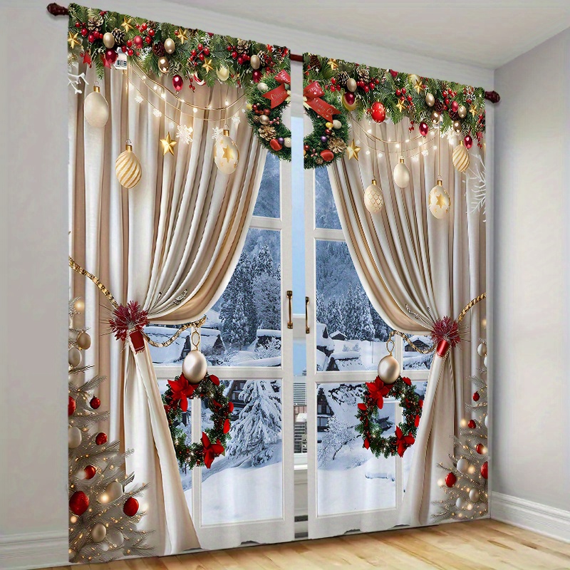 

2pcs Luxury Christmas Curtains, Contemporary Translucent Polyester Drapes With Golden Accents, Machine Washable, Easy To Hang For Living Room, Bedroom, Office - Decor