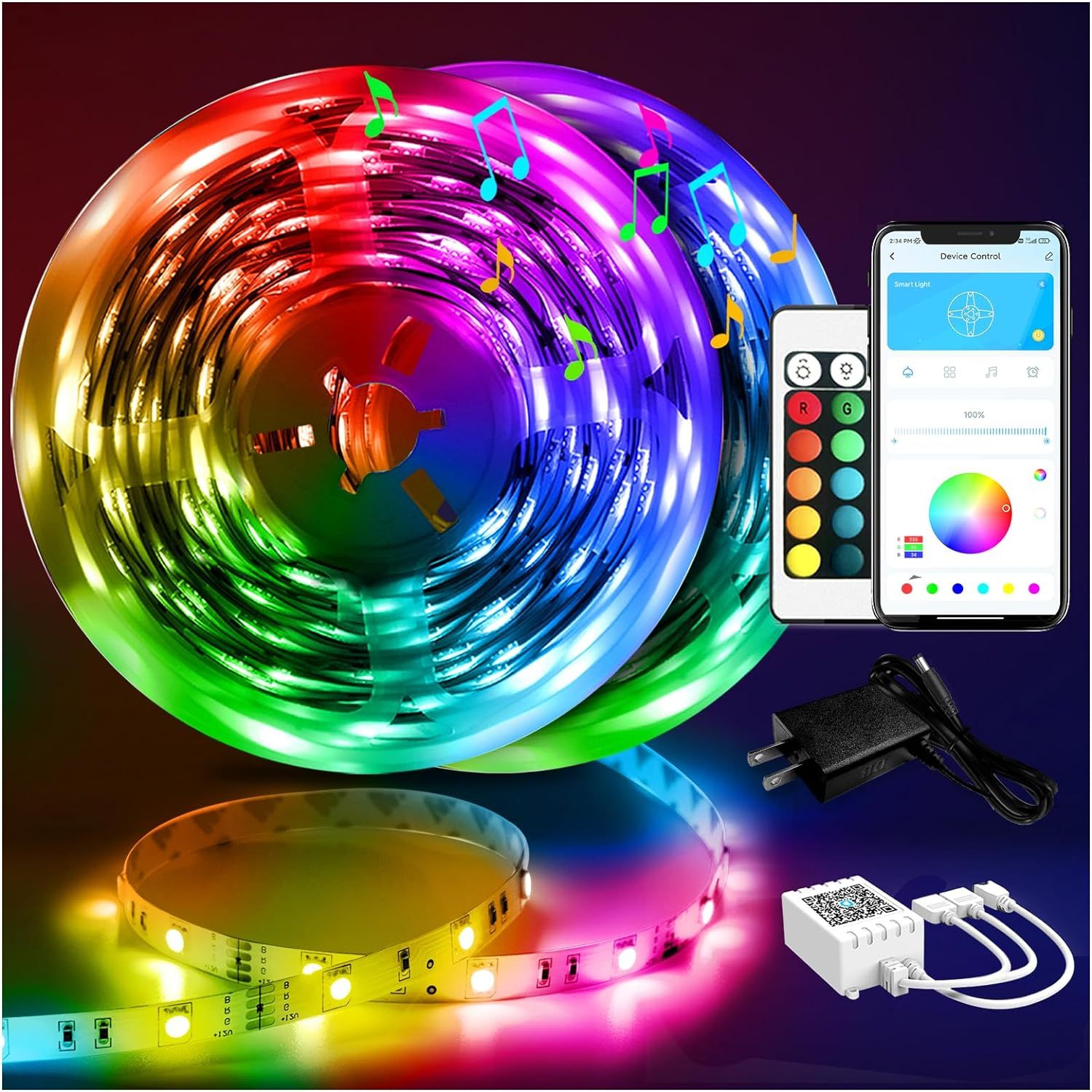 

100ft/ 30m Led (2 Rolls Of 15 M), 2835 Rgb - 12 Beads Per Meter, 24-button Remote With App Control, 24 Volts For Bedroom, Home, Decor Music Color Changing Lights For Room Parties, Birthday Parties