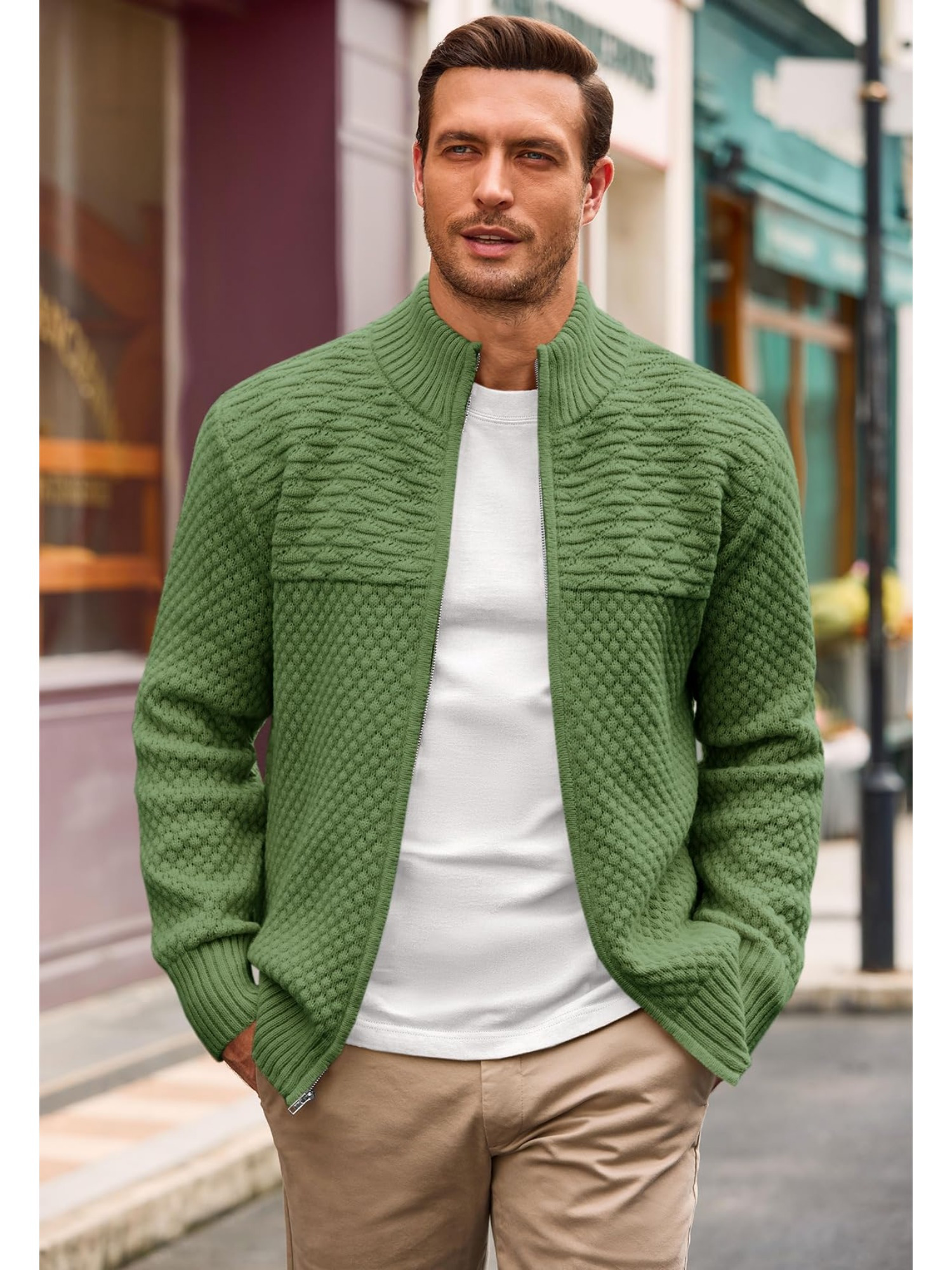 Mens Zip Up Cardigan Sweater Casual Stand Collar Textured Knit Ribbed  Chunky Sweaters