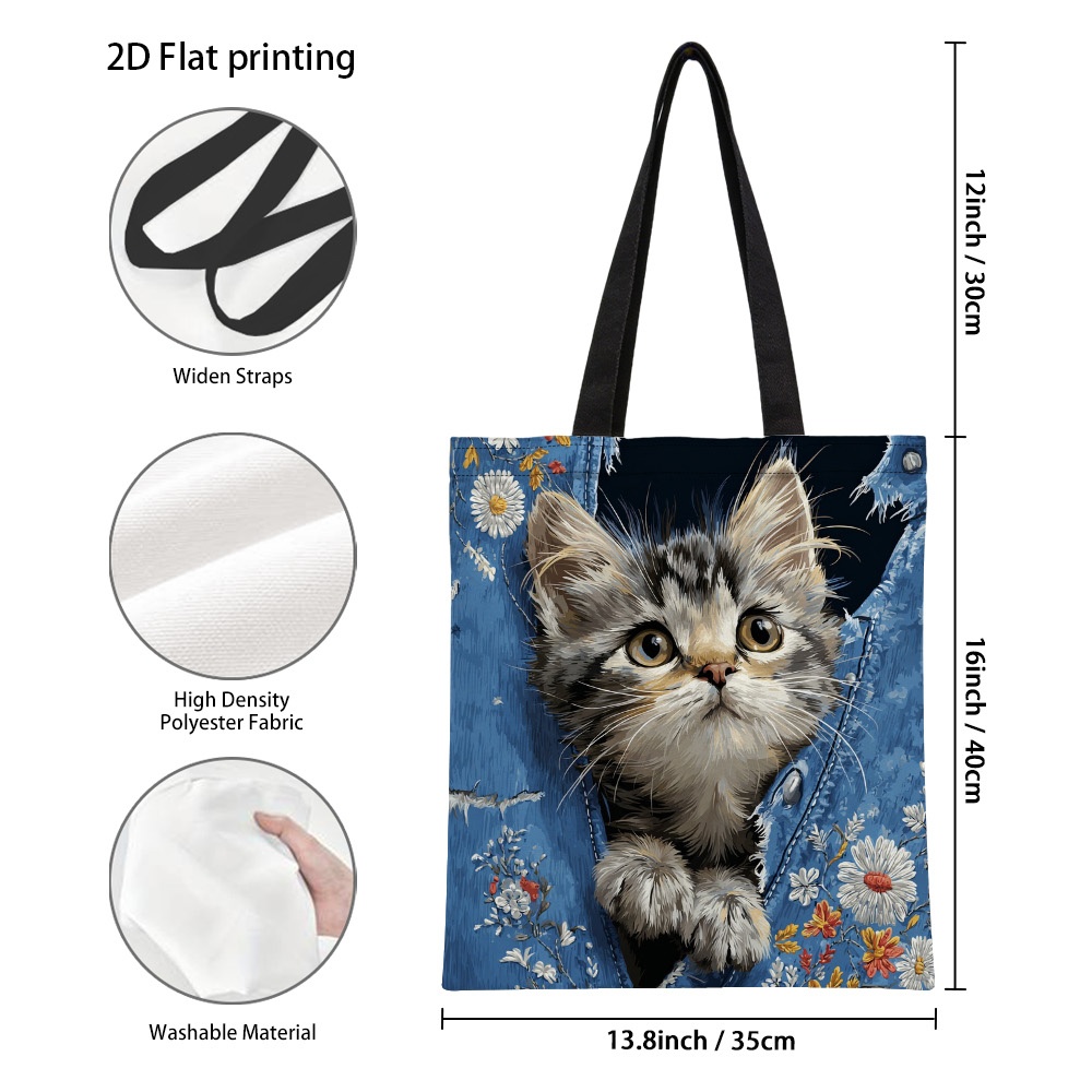 TEMU 1pc Vibrant Cute Kitten In Denim Design Tote Bag - Lightweight Reusable Grocery Bags With Fixed Shoulder Straps, Spacious Handbag For Work,