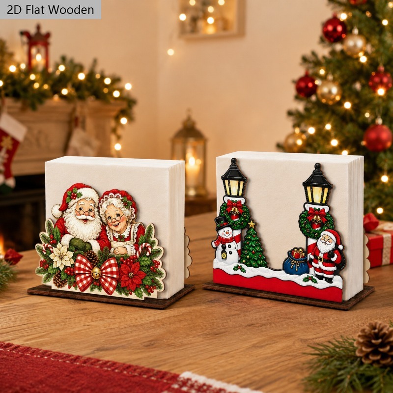 TEMU 2pcs 2d Flat Christmas Wooden Napkin Holder Set, Santa Claus And Snowman Themed Table Napkin Dispenser, Christmas Farmhouse Tabletop Decoration,