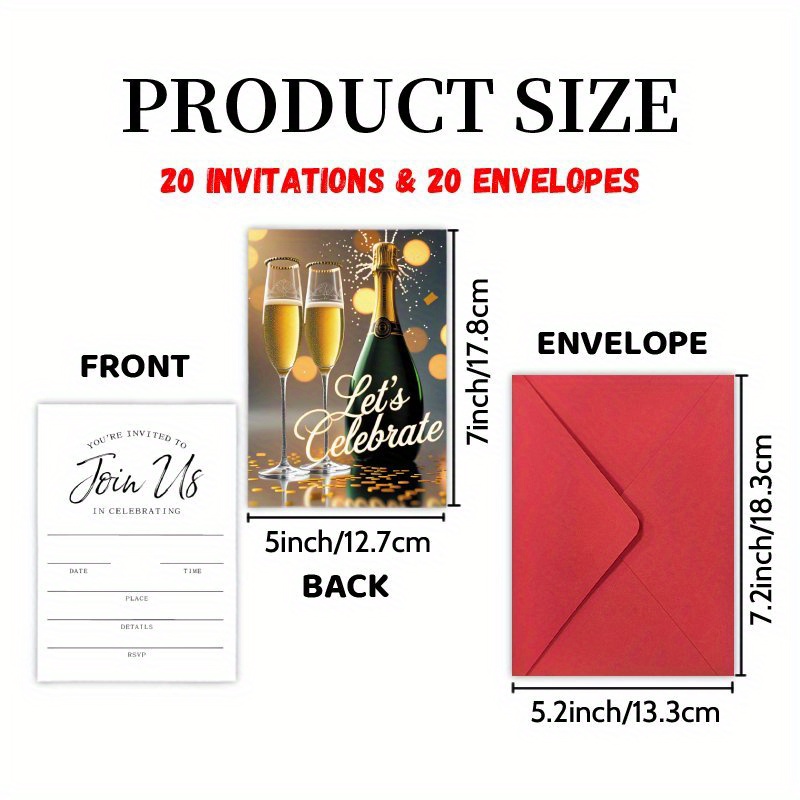 TEMU Invitations Letter 20 Cards And 20 Envelopes, Champagne "" Text, Ideal For Birthday, Graduation, New Year, Wedding, Back To School Or Friendship
