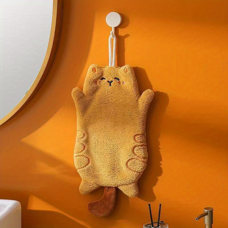 Image of 1pc New Cute Cat Shape Coral Velvet Hand Towel Kitchen Hanging Towel Suitable For Kitchen And Bathroom And Other Multi-scene Cartoon Double-layer Thickened, Hangable And Machine Washable