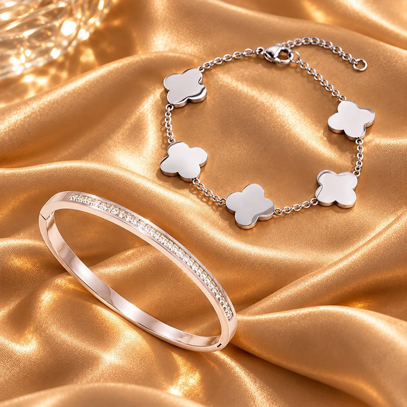 2pcs Women's Stainless Steel Jewellery Set with Floral Chain Bracelet & Bangle