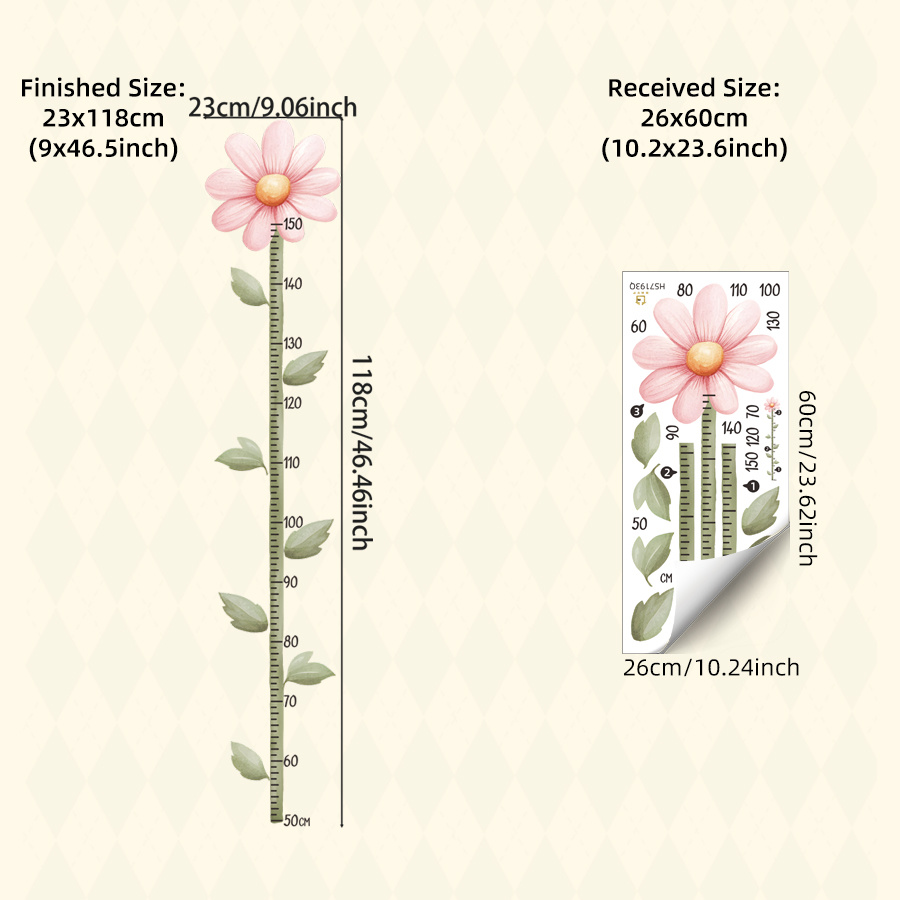 Image of 1pc Cartoon Height Chart Wall Sticker, Watercolor Pink Flower Growth Meter, 50-150cm Removable Ruler Wall Decal For Baby Bedroom Children's Room Playroom Nursery Decor,school Decor