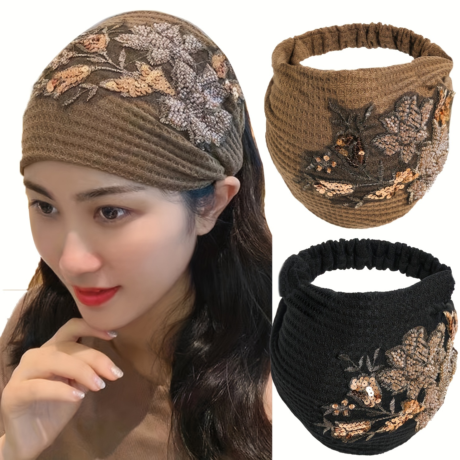 

2 Embroidered And Sequins, -brimmed Polyester , Turban, Suitable For Women, Suitable For