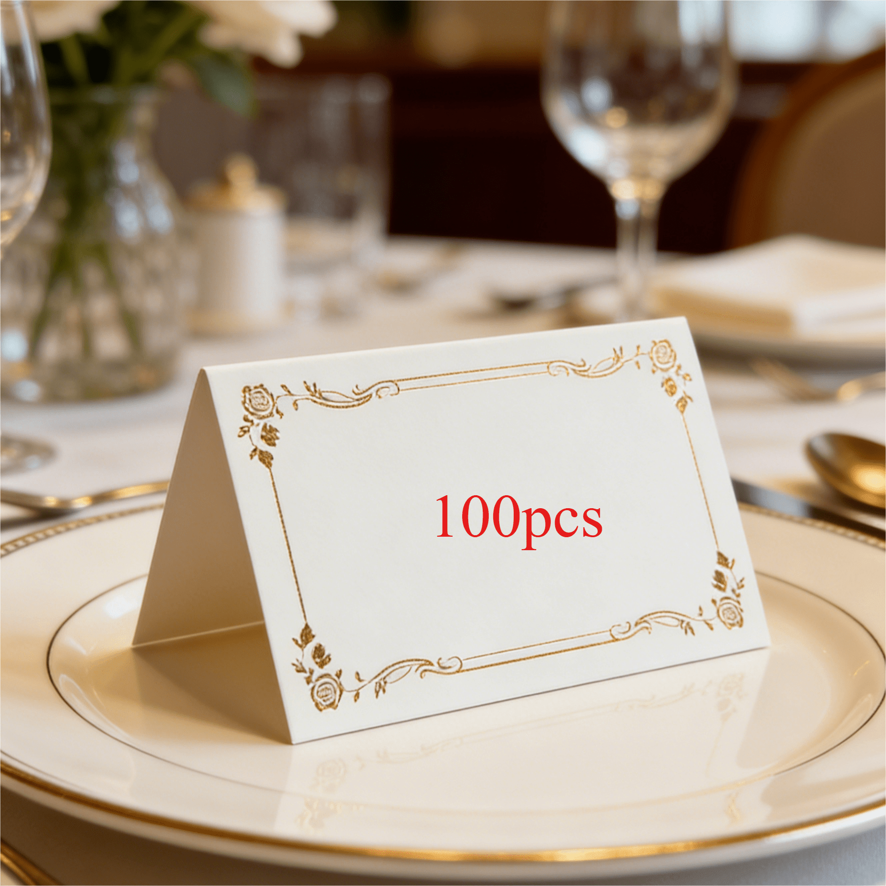 TEMU 50/100pcs Of Elegant Platinum Cards - Foldable Table Signs With A Border, Striped Pattern, And Floral Decorations, Made From High-quality Paper