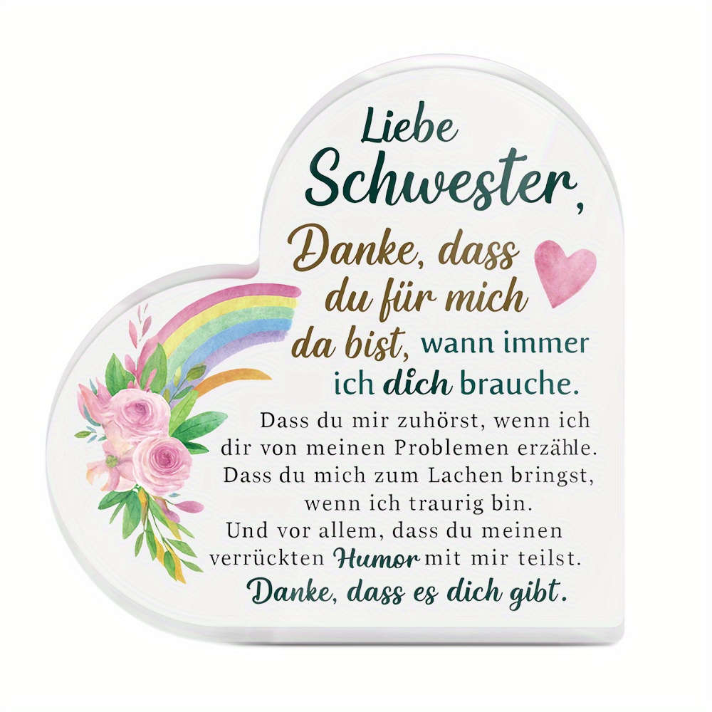 TEMU 2D Flat - [2D Flat] 1 Stück deutsches herzförmiges Acrylschild für Tischdekoration, mit 'Liebe Schwester', für Schreibtischdeko und als Geschenk