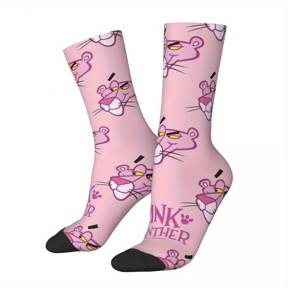 

1 Pair Pink Panther Novelty Crew Socks, Unisex Polyester & Spandex , Hip-hop , Machine Washable, Knit Fabric, Random