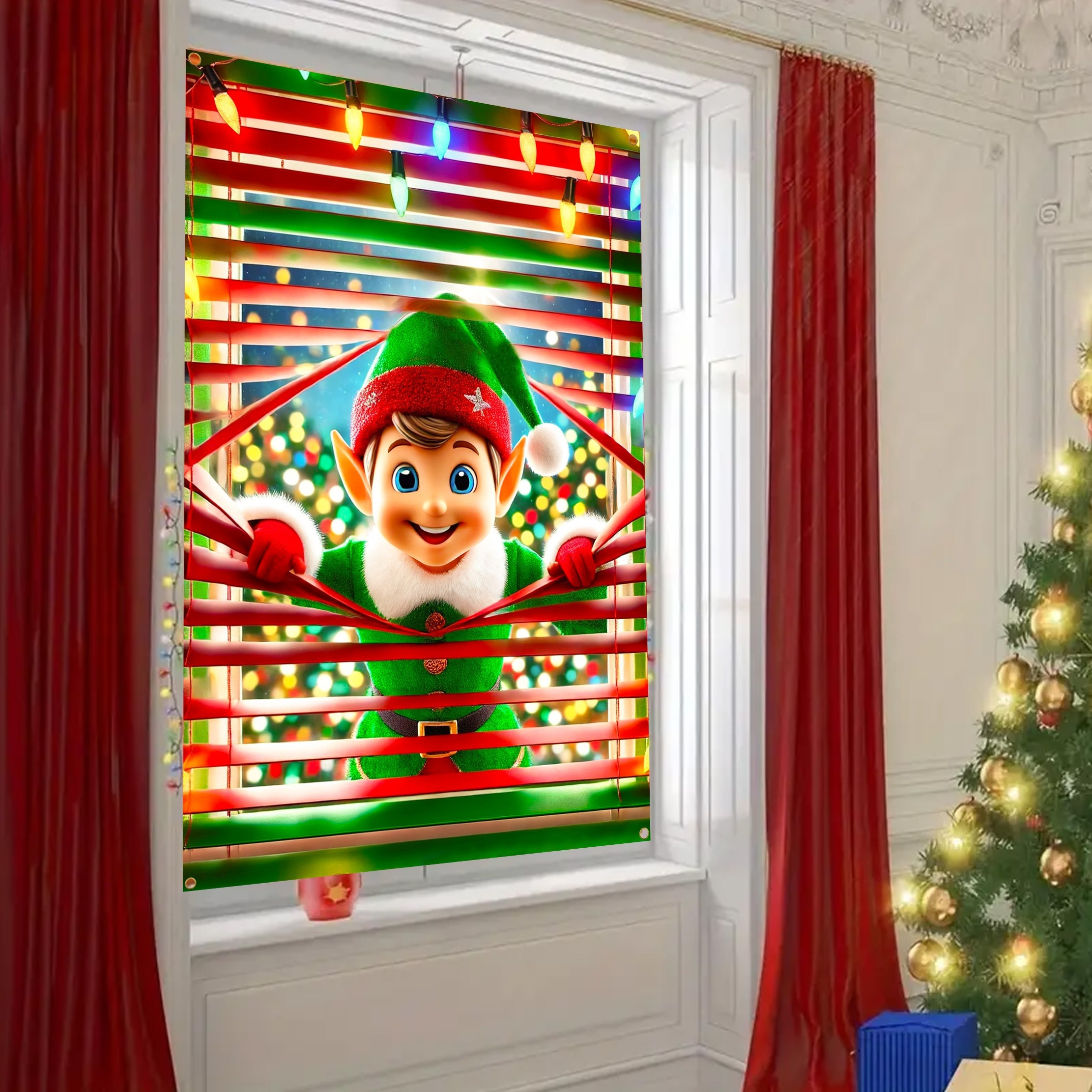 

2d Door Banner Curtain Door Set Merry Christmas Elf Door Banner - 31x47 Inch Polyester Holiday Wall Decoration Without Power For Outdoor Garden And Entrance Party