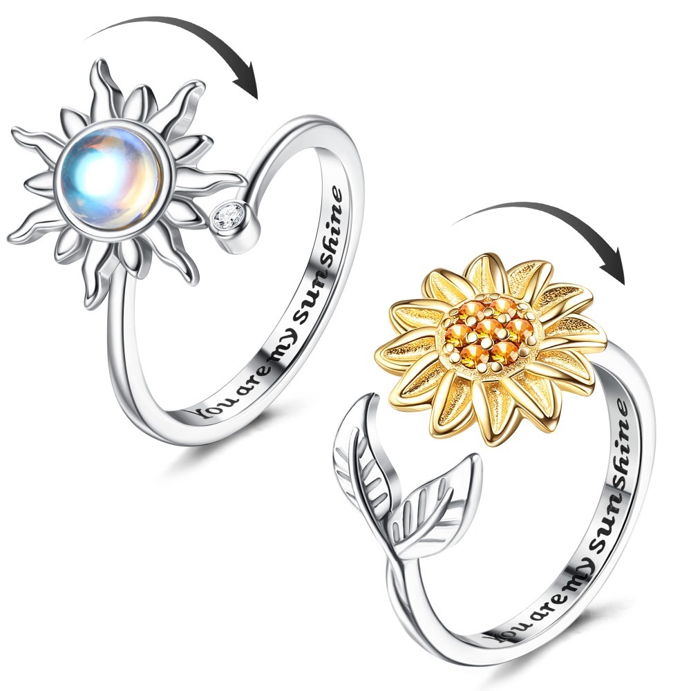 Set Of 2 Sunflower Fidget Rings For Women - With , Adjustable Fidget Spinner Ring (sunflower & Sun)