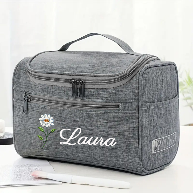Image of 1pc Custom Large Capacity Women's Makeup Bag, Personalized Name Travel Toiletry Organizer ( White Border On Print), Outdoor Travel Essential, Personalized Holiday Gift