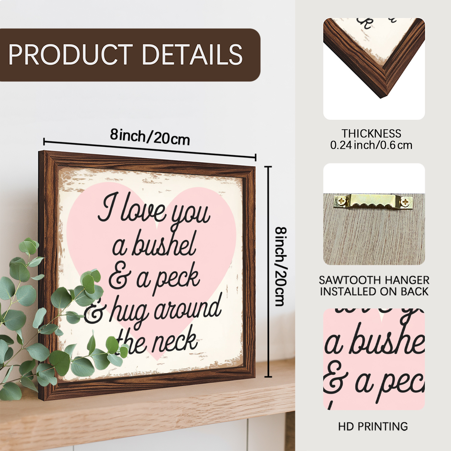 TEMU 2d Flat, 1pc Vintage "i Love You A & A Peck Hug Around The Neck" Wood Framed Sign - 8x8 Inch Wood Wall Or Tabletop Decor, Rustic Farmhouse