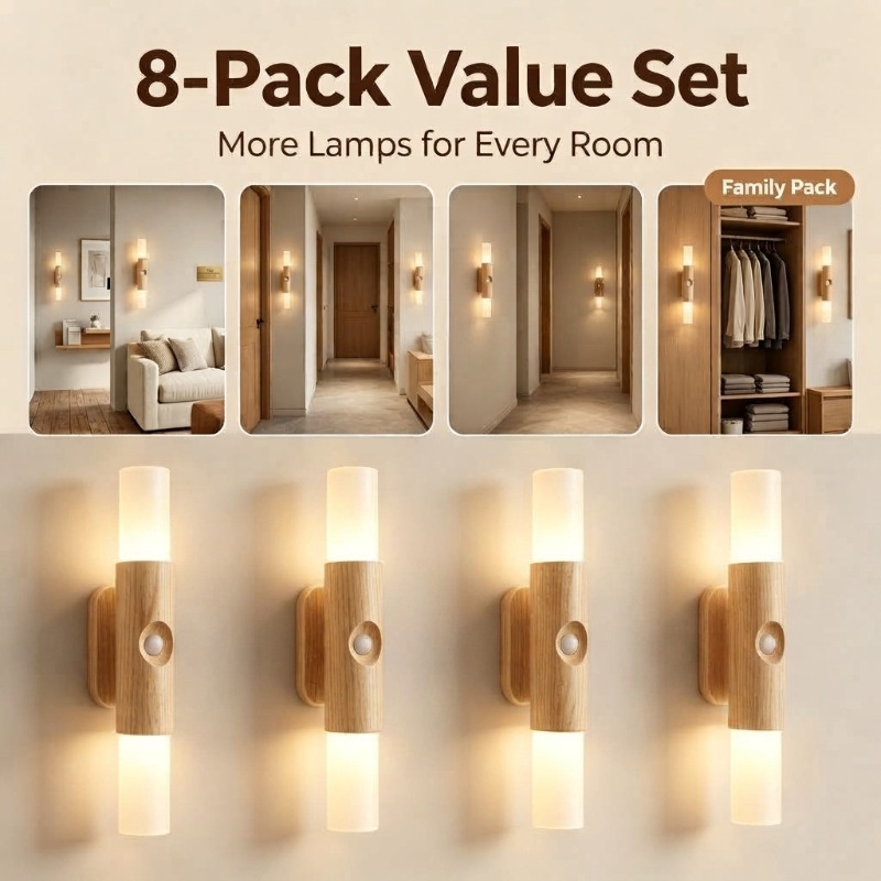 TEMU 8pcs Rechargeable Induction Wall Lamp, Three-color Wireless Wood Grain Wall Lamp, Usb Charging Magnetic Wall Night Lamp Without Drilling,