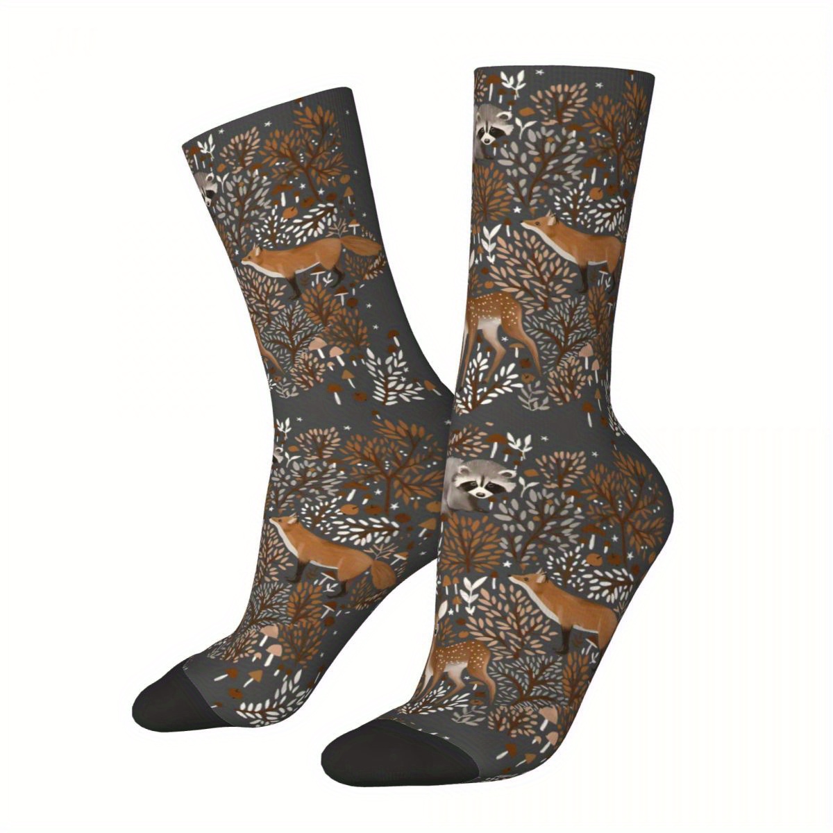 

1 Pair Biihudu Men's Crew Socks, Fox Deer Print, Vintage British , Knit Polyester 95% With 5% Elastane, Print, 300g/m², Hand Wash/