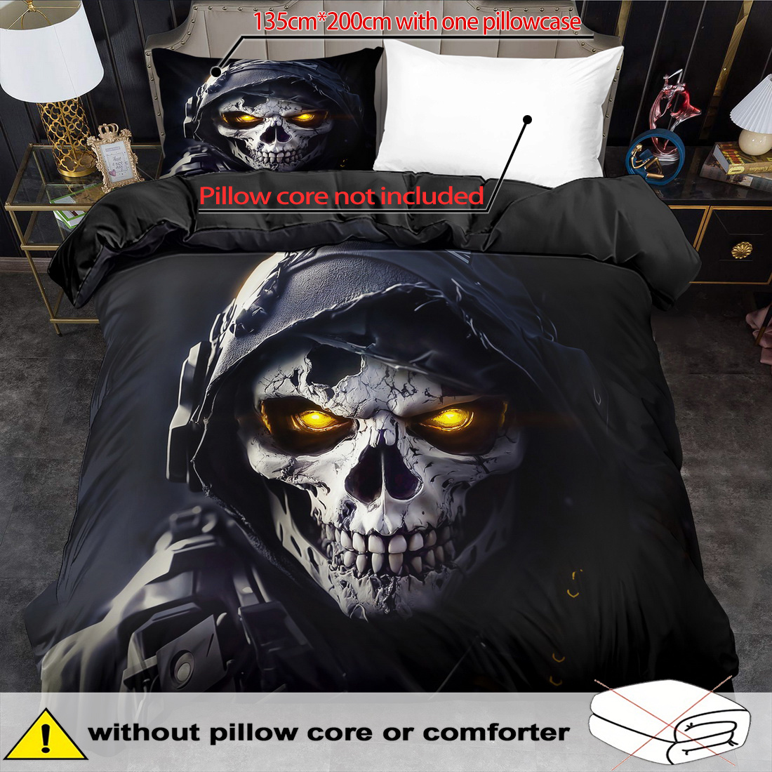 E-shop 2/3-teiliges Bettbezug-Set, Bettbezug-Set mit dunklem Totenkopf-Druck, Bettwäsche im King- Queen-Size-Stil, maschinenwaschbares Polyester,