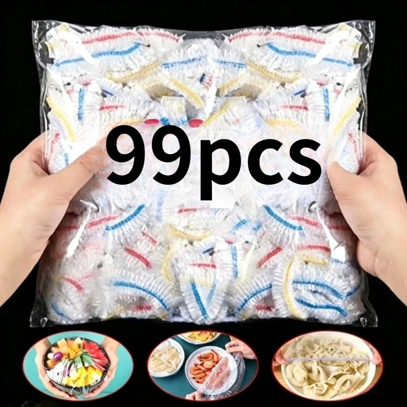 TEMU 99pcs Food Preservation Covers, Cookware Lids, Transparent Elastic Food Film Covers, Elastic Collars Fit Bowls And Plates, Essential For Home