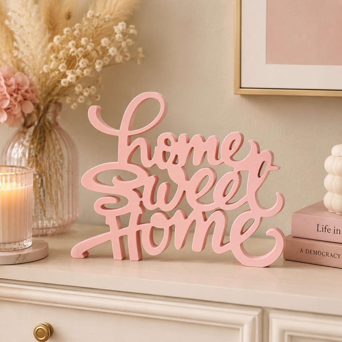 TEMU Freestanding Pvc Tabletop Plaque, Matte Pink Cursive Script Pvc Word Decor Sign, Thick Solid Pvc Freestanding Desktop Ornament, Room Entryway