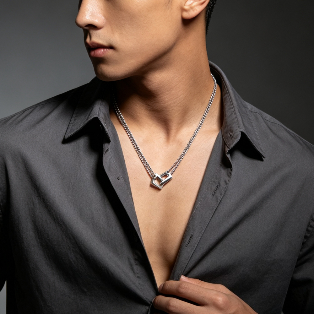 Silvery Double-Layer Square Buckle Pendant Necklace