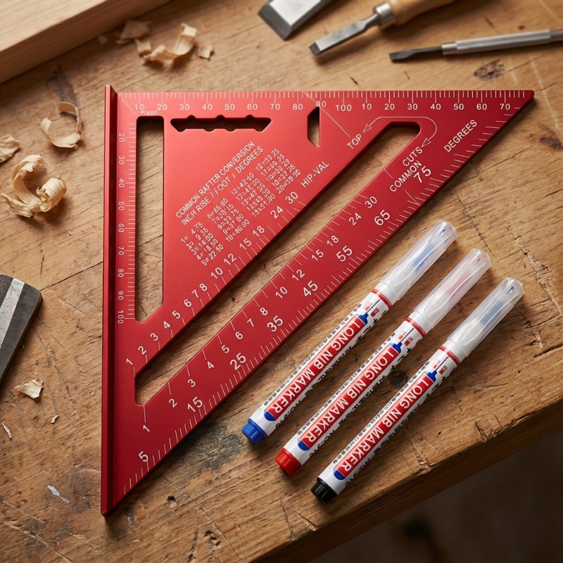 TEMU 4 pièces Kit de pour Robustes avec Marqueur à Tête Longue et Règle Triangulaire en Aluminium - Outil de pour Installation de Salle de Bain,