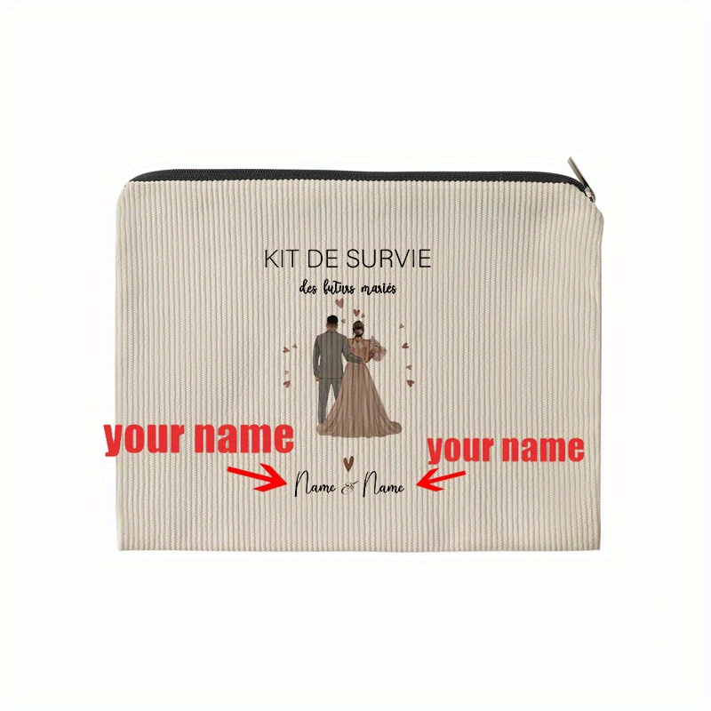 TEMU 1pc Kit de Survie Personnalisé avec Nom pour Future Mariée Nouveaux Mariés Sac de Maquillage en à Motif de Mariée, Léger et Multifonctionnel Sac