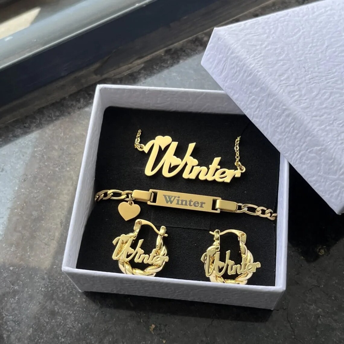 TEMU Set Of 4 Customized 18k Gold Plated Jewelry For Men, Featuring Stainless Steel, Personalized Twisted Hoop Earrings, Name Pendant, And Cuff