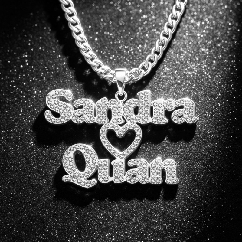 TEMU Handmade Custom 2 Names Heart Name Necklace, Personalized Cuban Chain Pendant, Stainless Steel , Custom Gift For Couples, Girlfriend, Boyfriend,